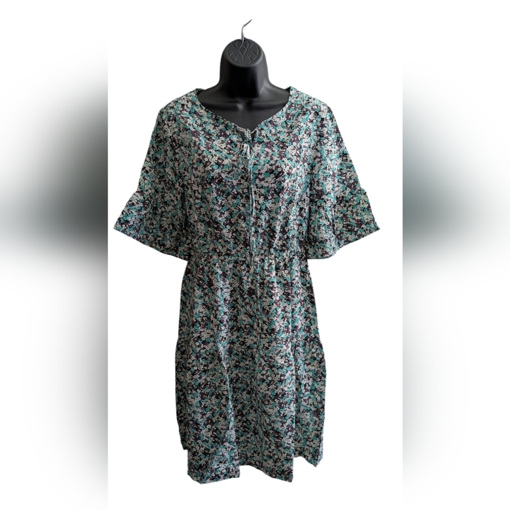 🆕 Women's Floral Print Flutter Sleeve Peasant Dress With Tie Neckline